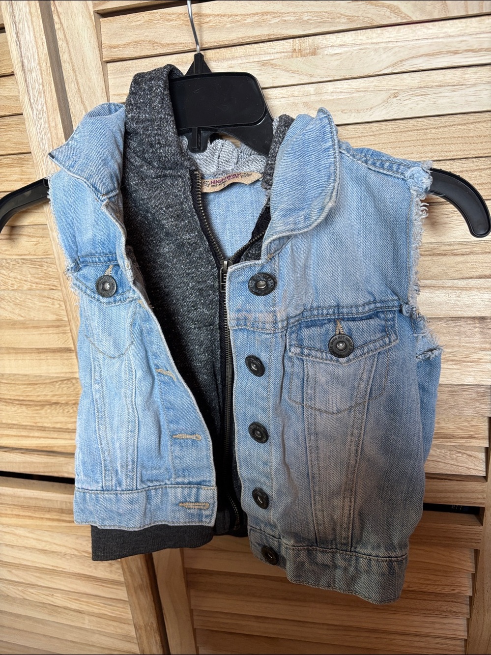 Kids Highway Jeans Distressed Denim Vest with Dark Gray Hooded Liner Sml